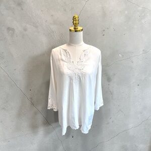 J. Jill Eyelet Lace Tunic Linen Blend 3/4 Sleeve White Sz L Bohemian Beach